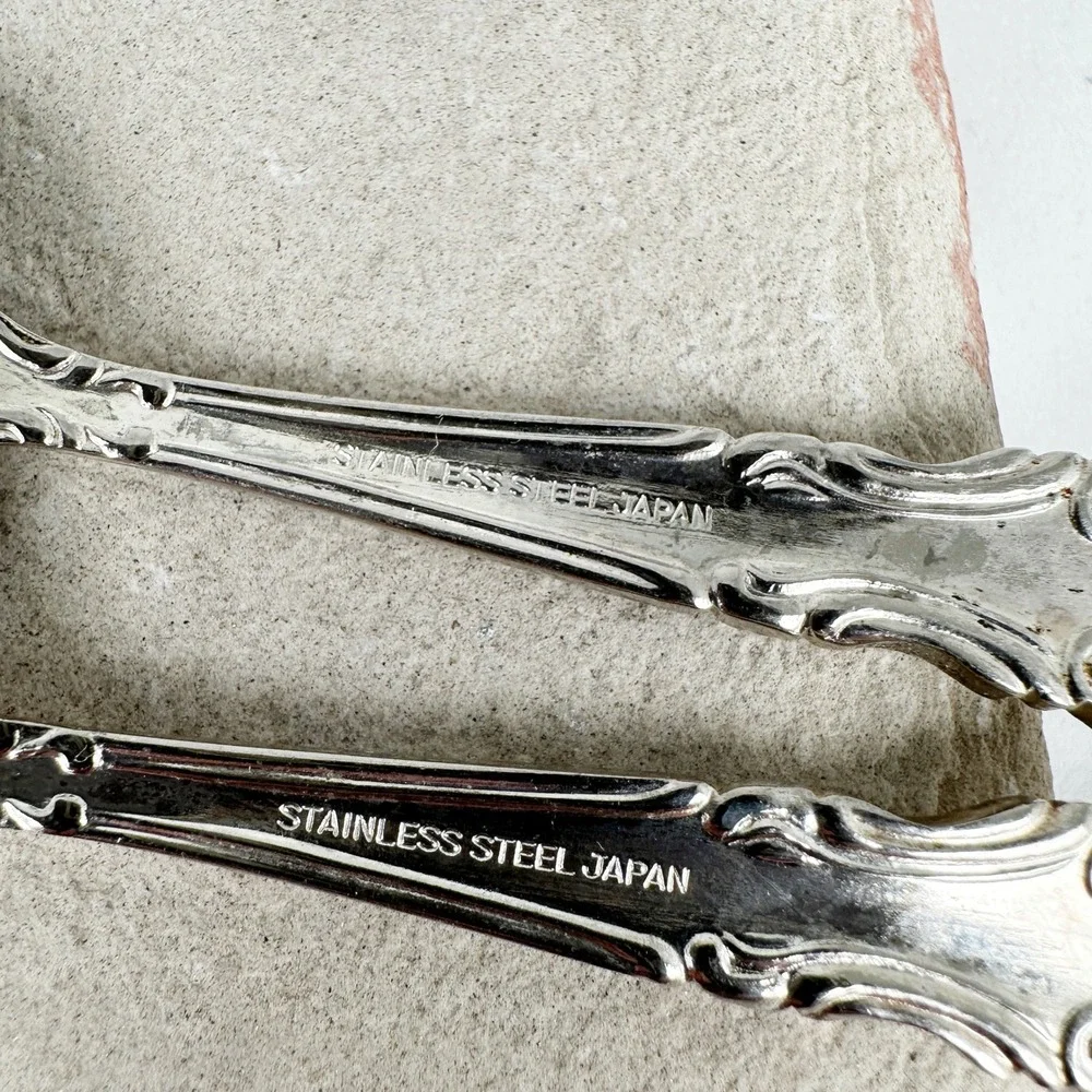 Vintage 4.25 Child Fork Spoon Set Floral Baroque Handle‎ Stainless Japan